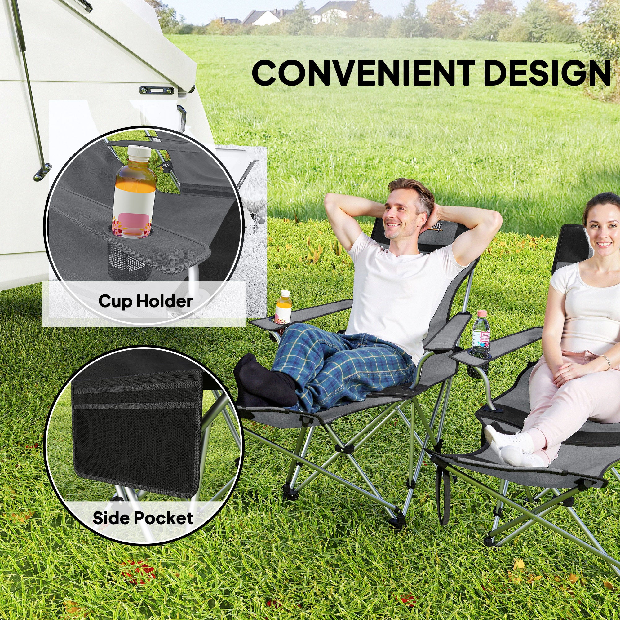 Outsunny Set of 2 Reclining Folding Camping Chair w/ Detachable Footrest, Storage Bag, Cup Holder & Headrest, Lightweight Portable Camp Chair for Beach, Picnic, Grey and Black