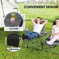 Outsunny Set of 2 Reclining Folding Camping Chair w/ Detachable Footrest, Storage Bag, Cup Holder & Headrest, Lightweight