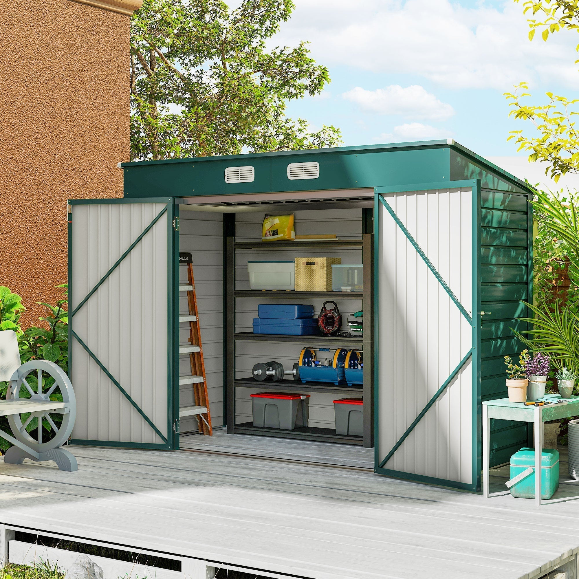 Outsunny 3.7 x 7.9ft Galvanised Steel Shed, with Latched Door and Padlock - Green