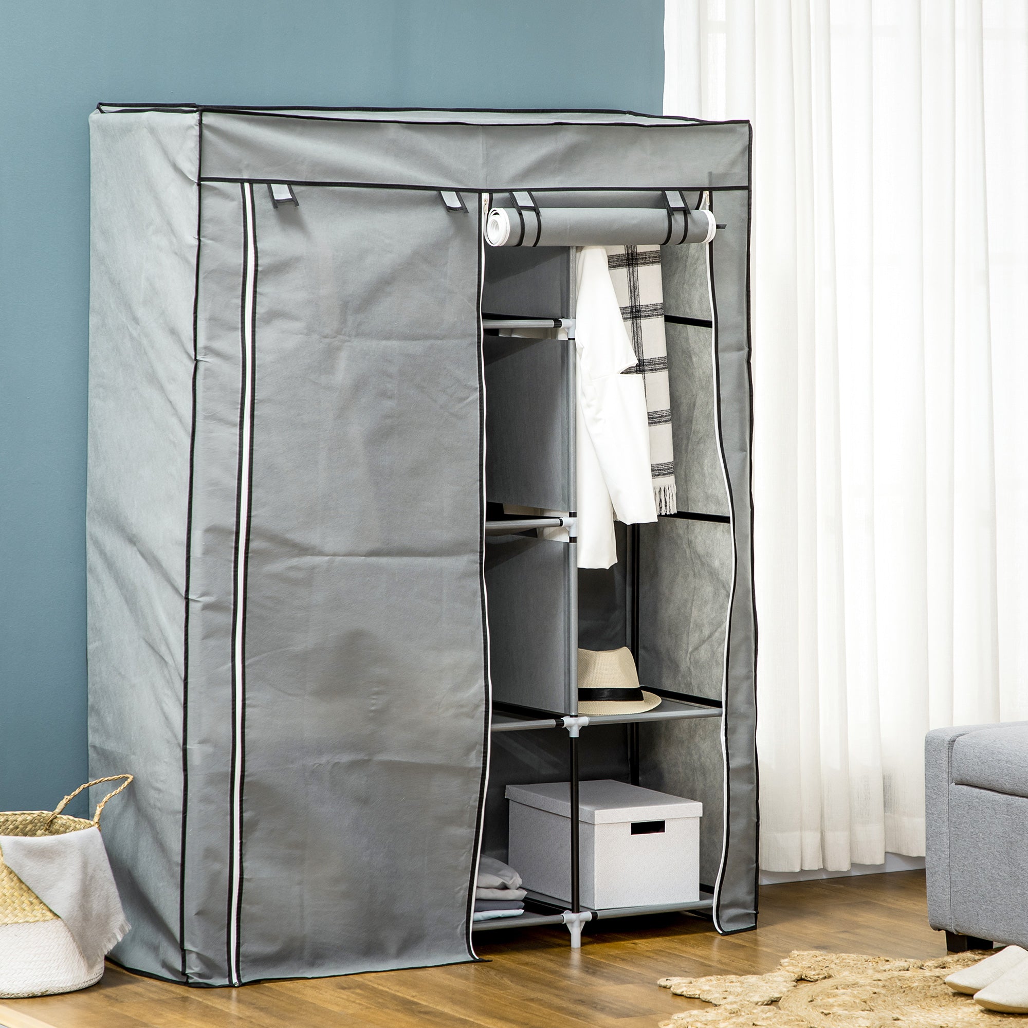 HOMCOM Fabric Wardrobe, with Rails and Shelves - Light Grey