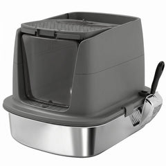 PawHut Large Stainless Steel Litter Box, Enclosed Metal Cat Litter Tray with Scoop, Deodoriser Bag, Front-Entry and Top-Exit