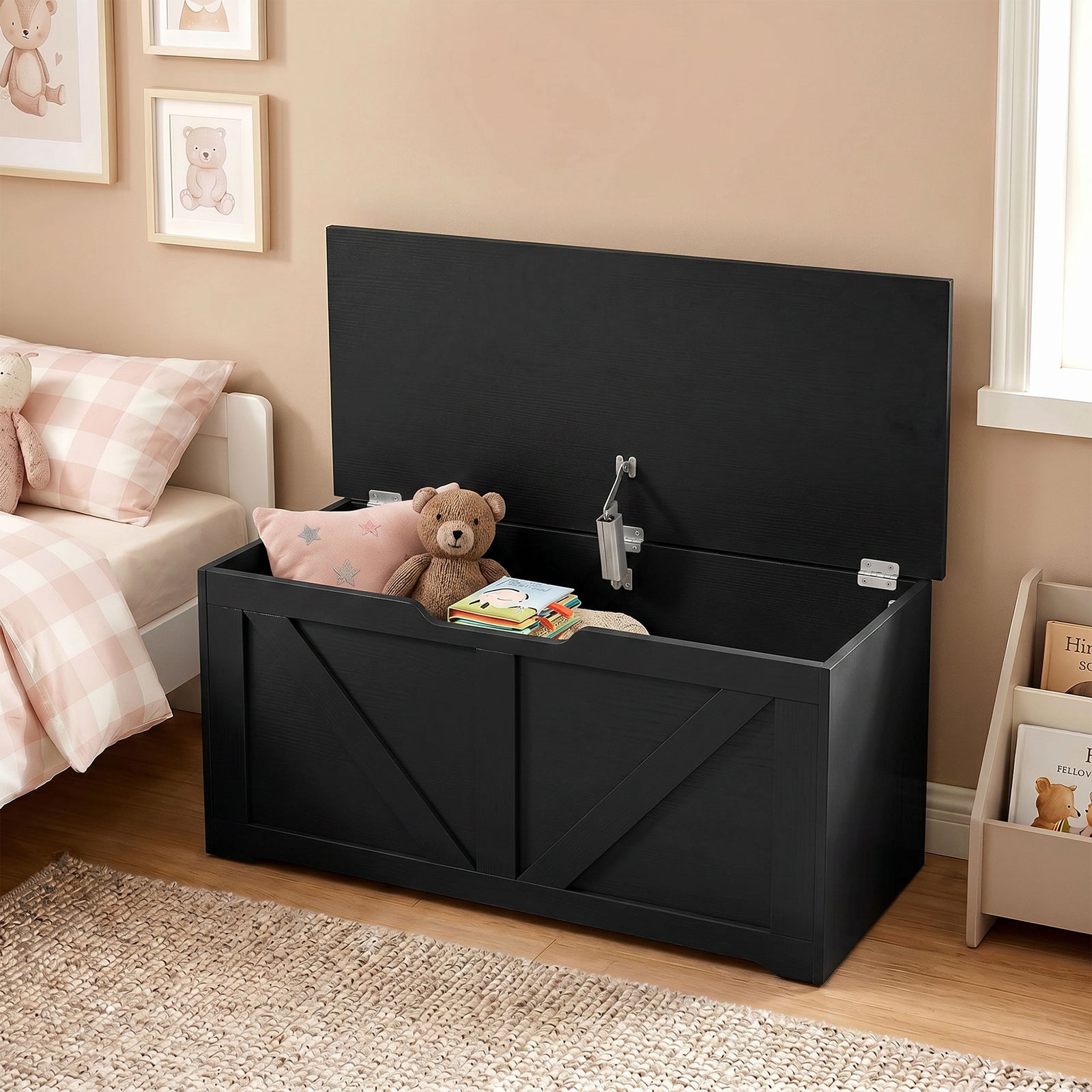 HOMCOM 100L Home Storage Box, with Safety Hinge - Black Wood-Effect