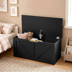HOMCOM 100L Home Storage Box, with Safety Hinge - Black Wood-Effect