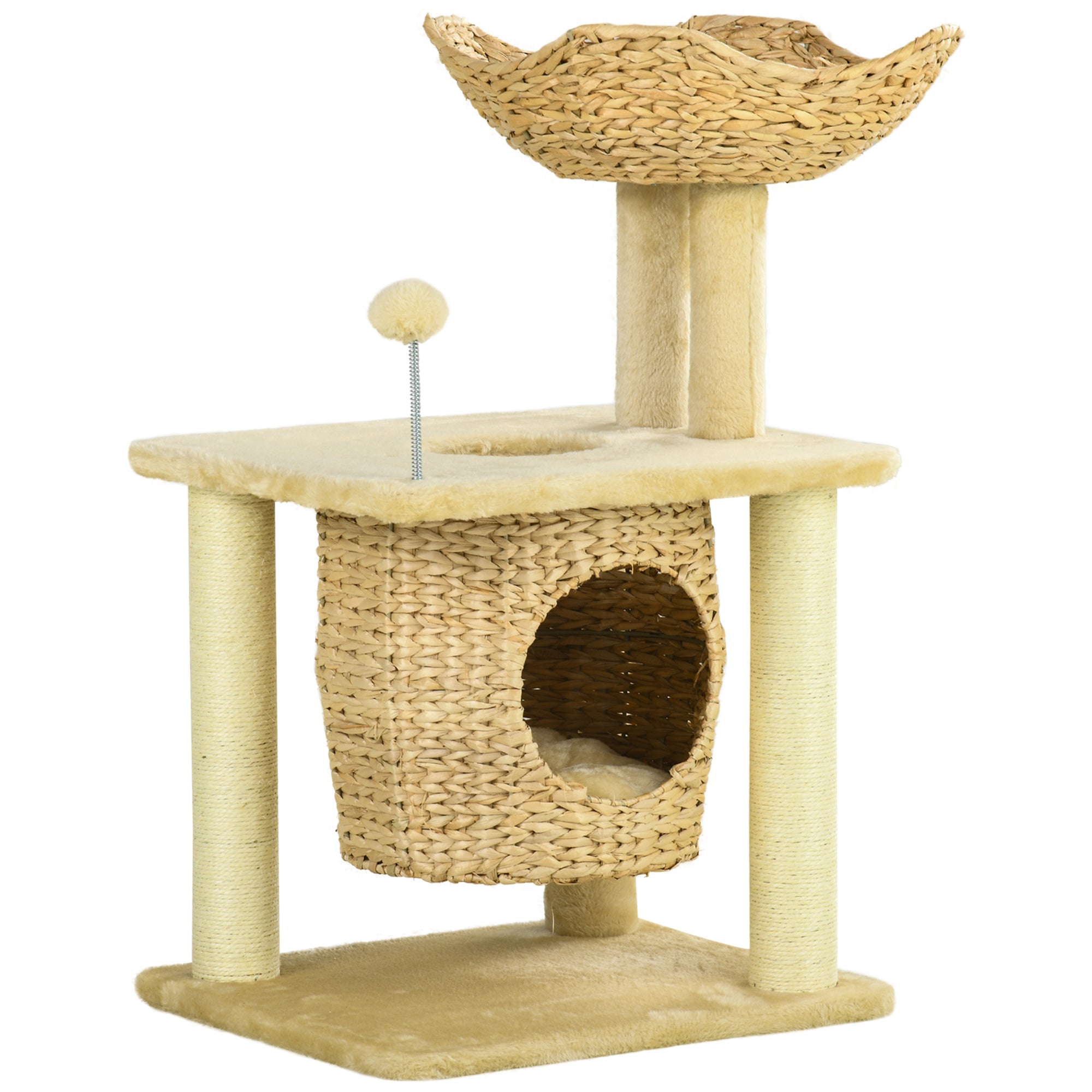 PawHut Cat Tree for Indoor Cats with Scratching Posts, Cat House, Bed, Toy Ball, Beige