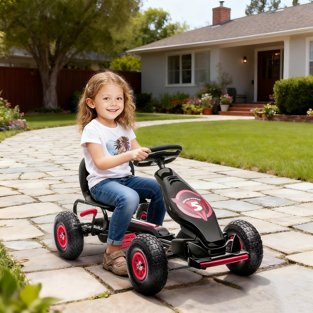 HOMCOM Kids Pedal Go Kart, with Adjustable Seat, Inflatable Tyres - Red