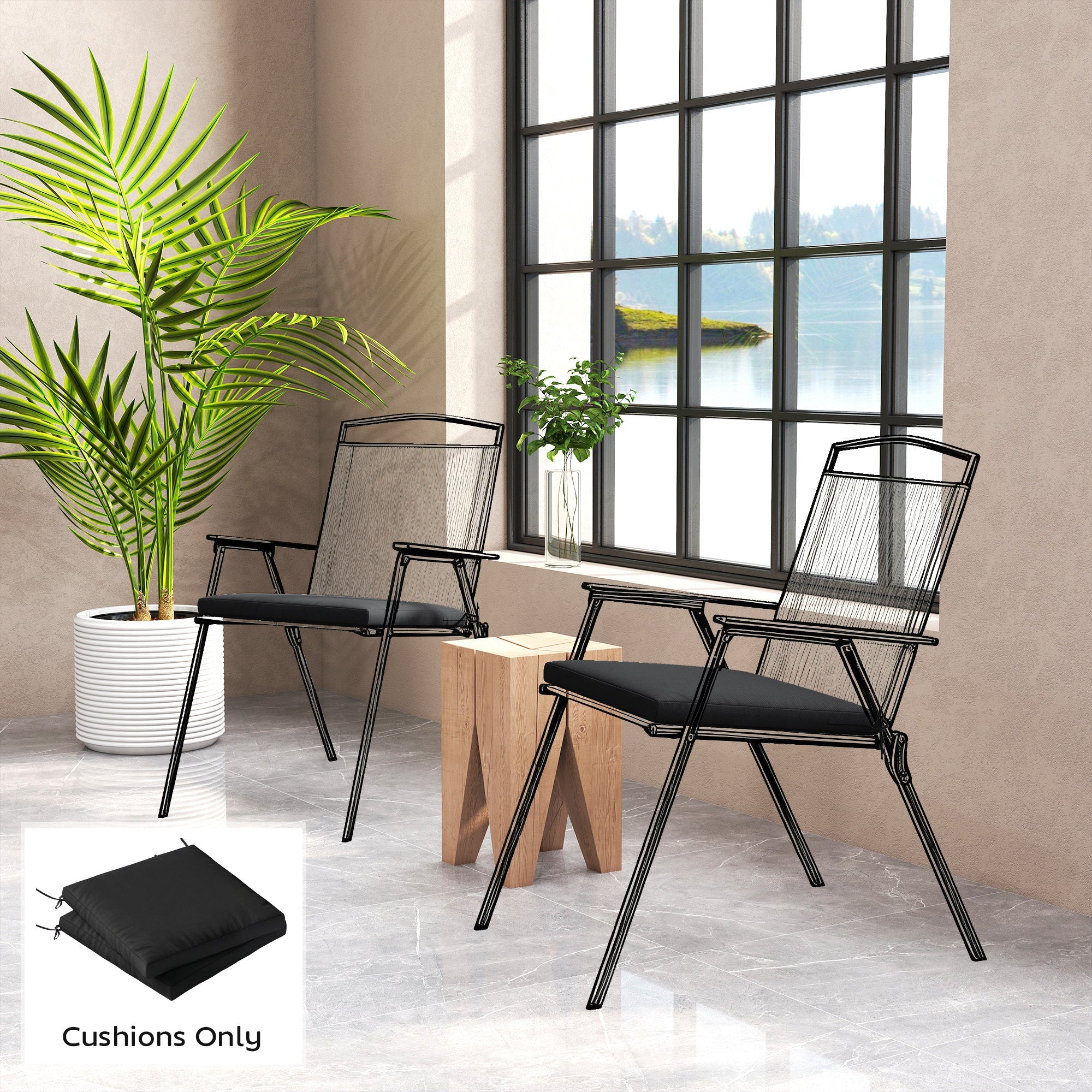 Outsunny Outdoor Seat Cushions Set of 2 with Ties, Waterproof Garden Seat Pads, Black