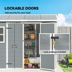 Outsunny 8 x 4 ft Plastic Garden Shed, Wood-Effect Outdoor Storage Shed with Floor, Windows, Lockable Doors and Vents, Light Grey