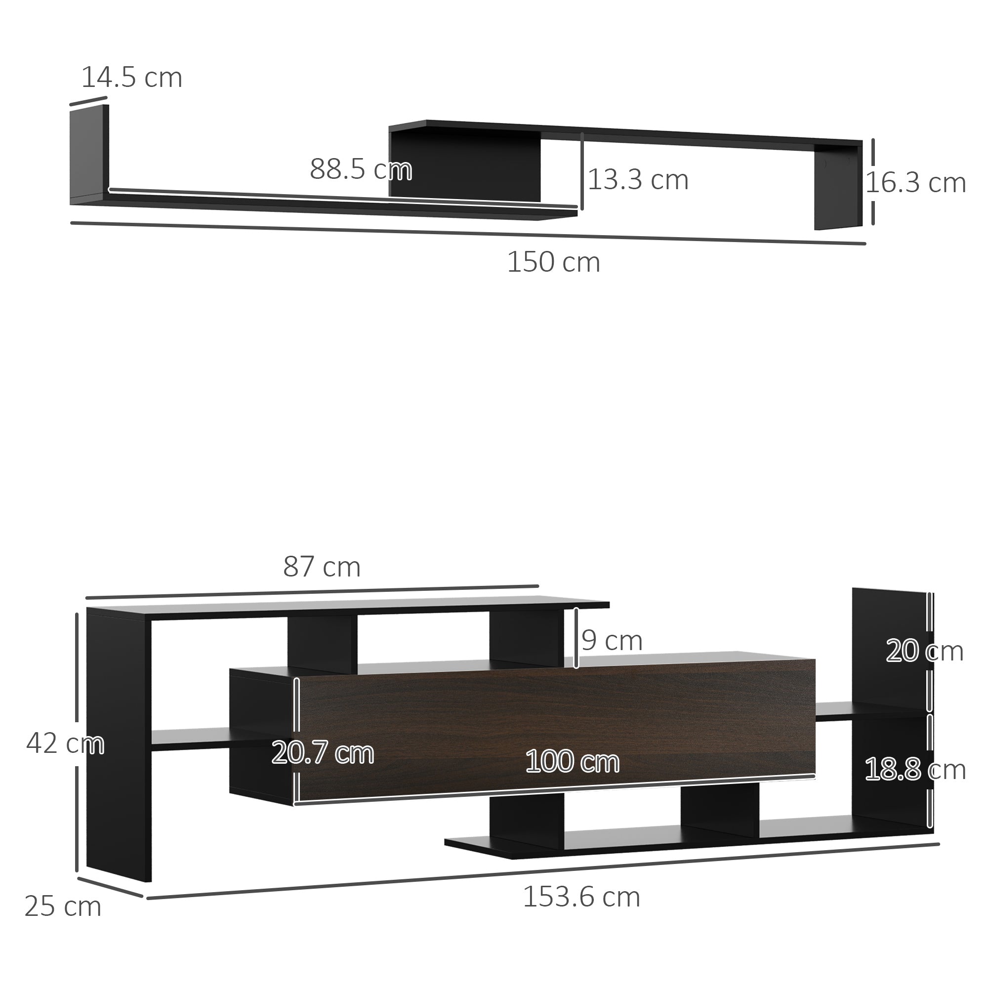 HOMCOM TV Cabinet with Wall Shelf for Wall-Mounted 65" TVs or Standing 40" TVs - Black and Dark Brown