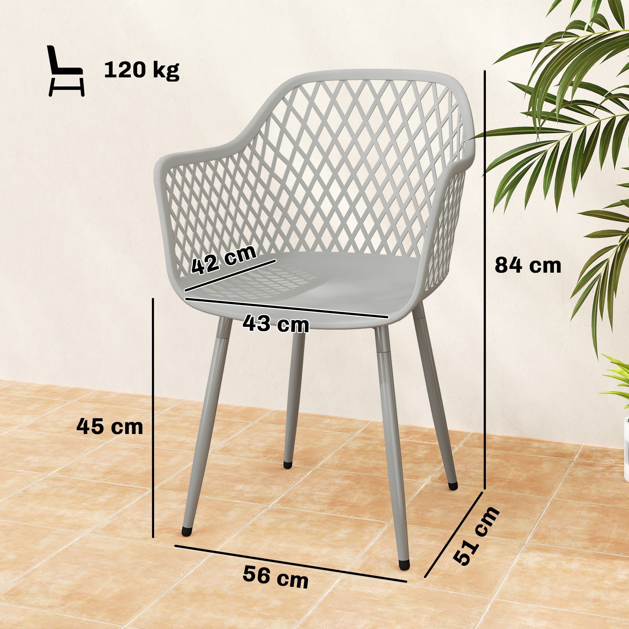 Outsunny Garden Chairs Set of 4, Garden Dining Chairs with Cut Out Diamond Back and Armrests for Patio, Balcony, Terrace, Grey