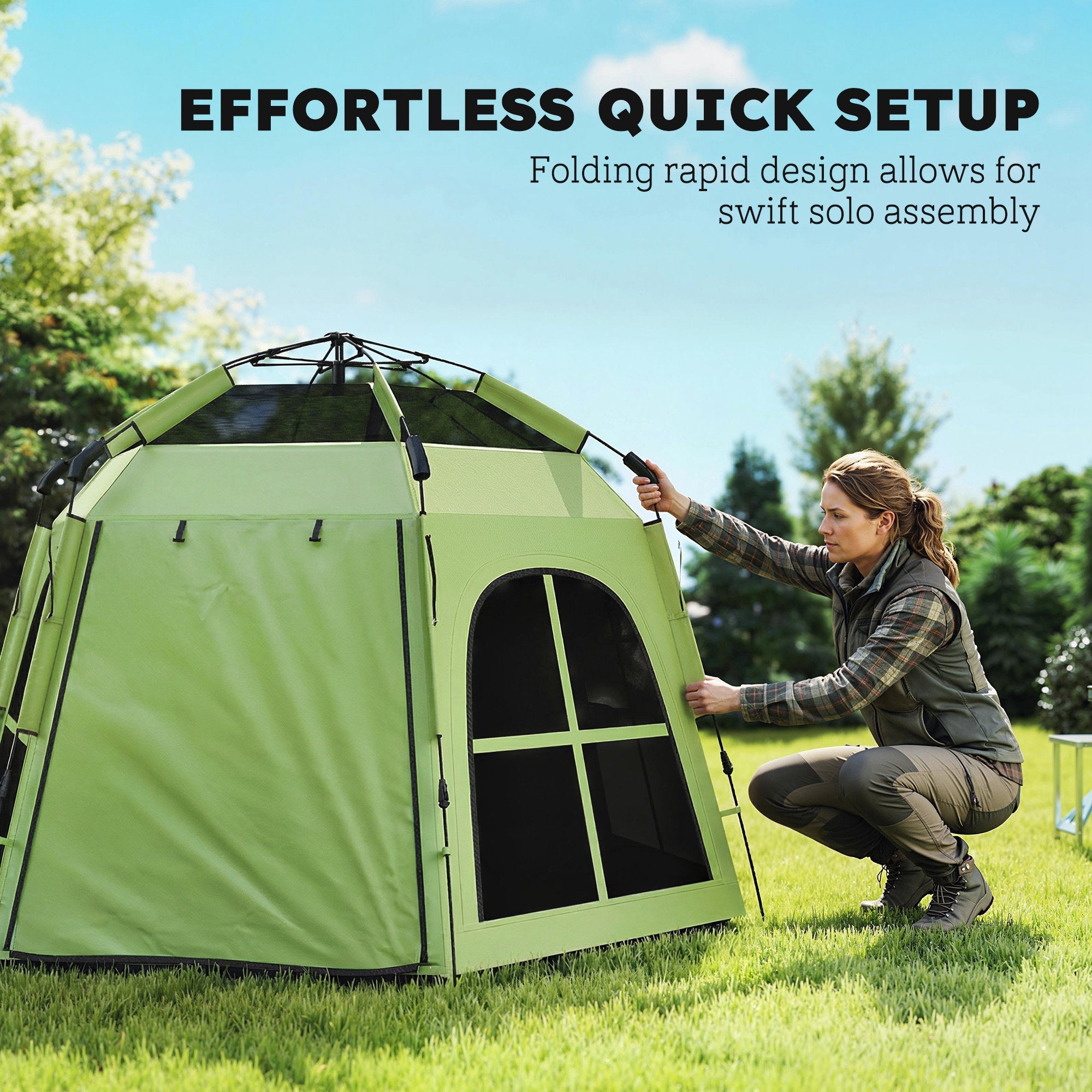 Outsunny Pop Up Tent 3000mm Waterproof Instant Camping Tent 3-4 Person with 2 Doors 4 Windows Green