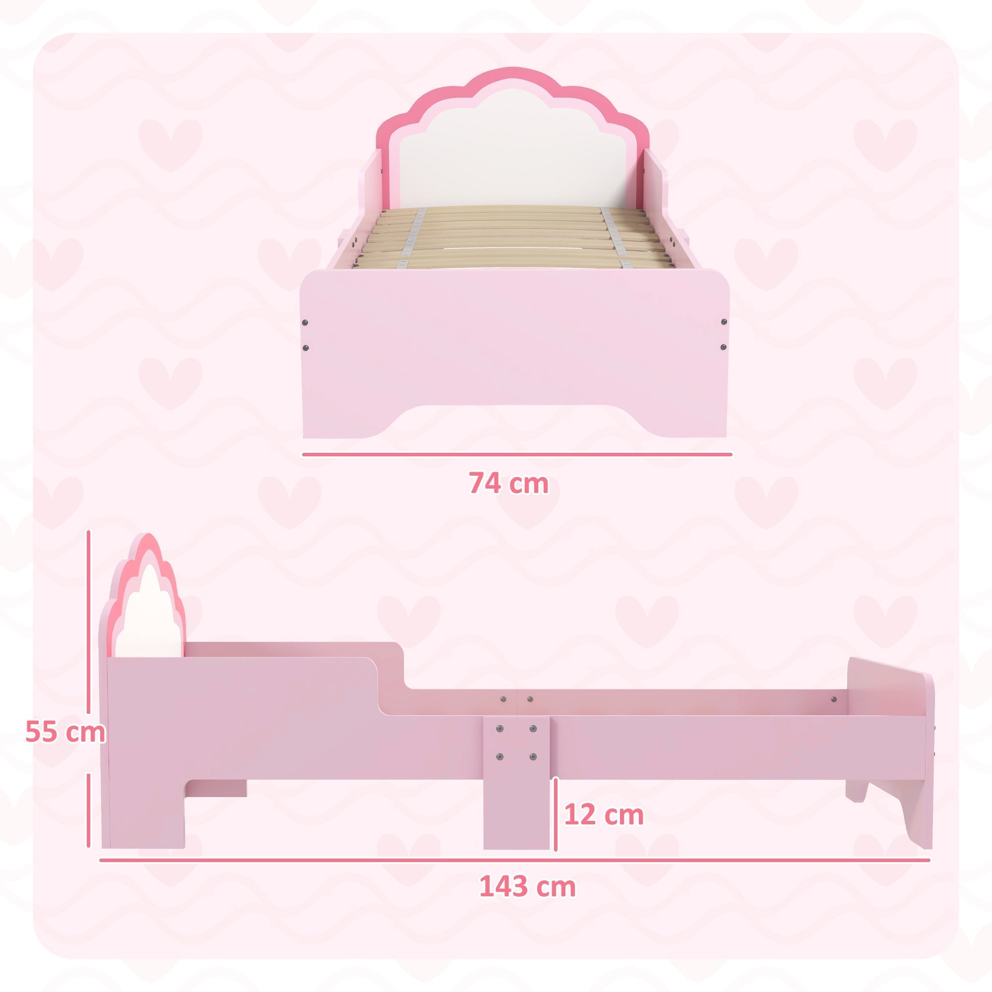 ZONEKIZ Toddler Bed Frame, Princess Bed for Kids, Cloud-Design, 143 x 74 x 55cm - Pink