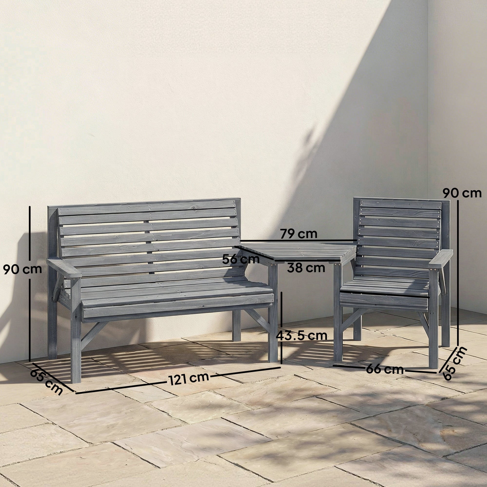 Outsunny Wooden Garden Furniture Set with Parasol Hole, 1 Chair, 1 Bench and Detachable Table, Grey Embossed Finish