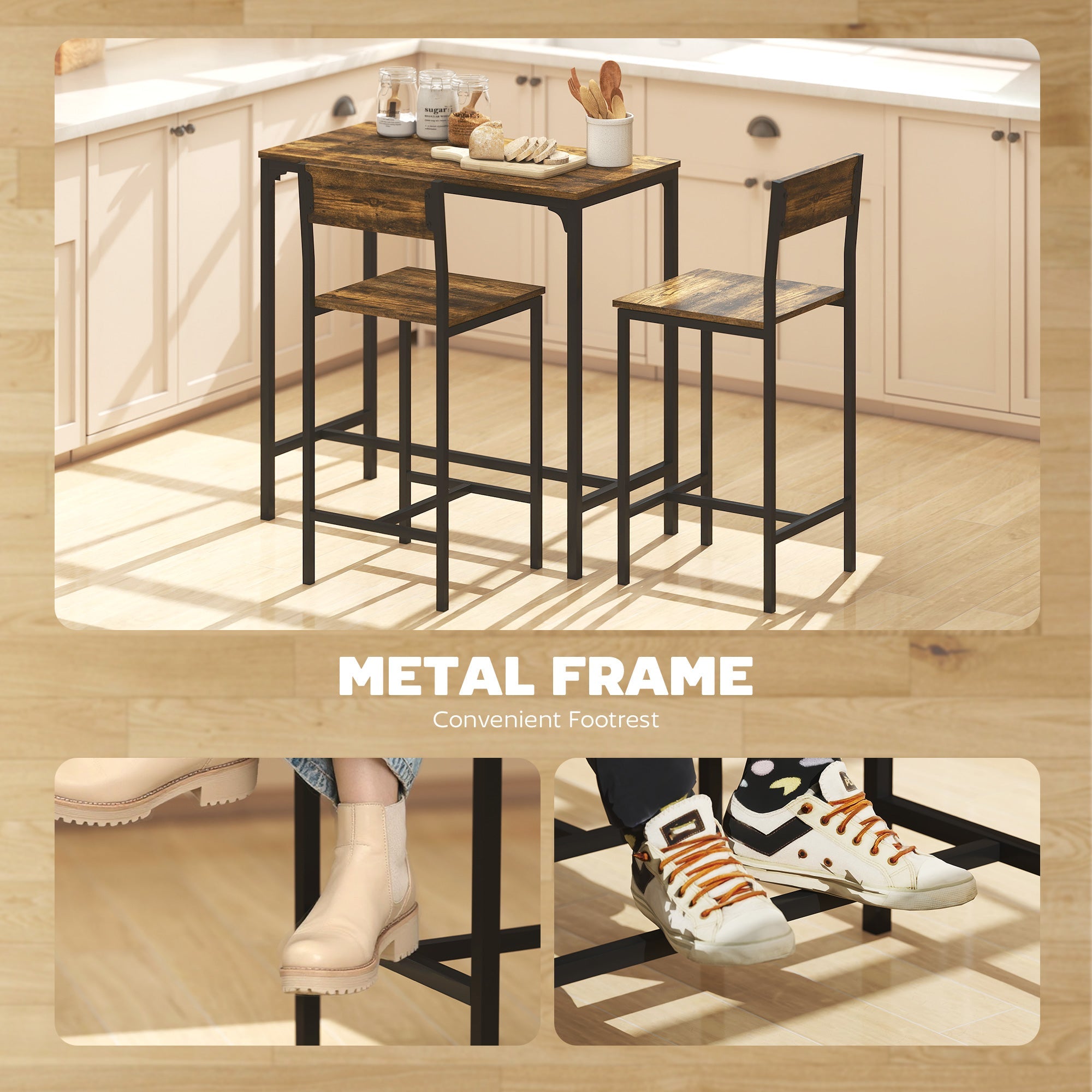 HOMCOM 3-Piece Bar Table Set with 2 Stools, Industrial Breakfast Bar Set with Footrest, Backrest for Dining Room, Small Space