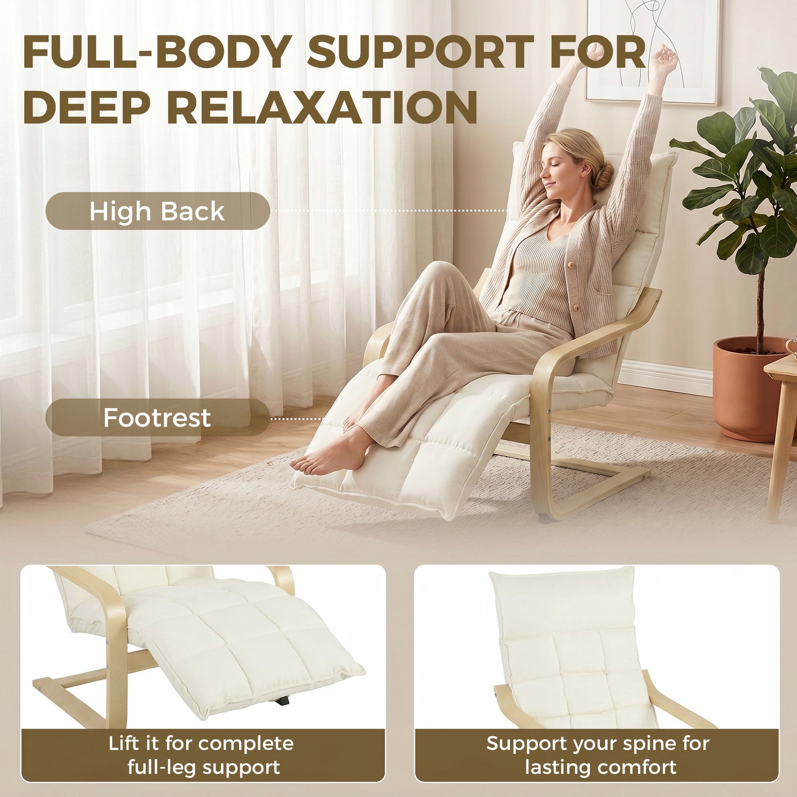 HOMCOM Modern Accent Chair, Leisure Lounge Chair Armchair with Footrest, Plush Cushion, Curved Legs and Arms, Cream White