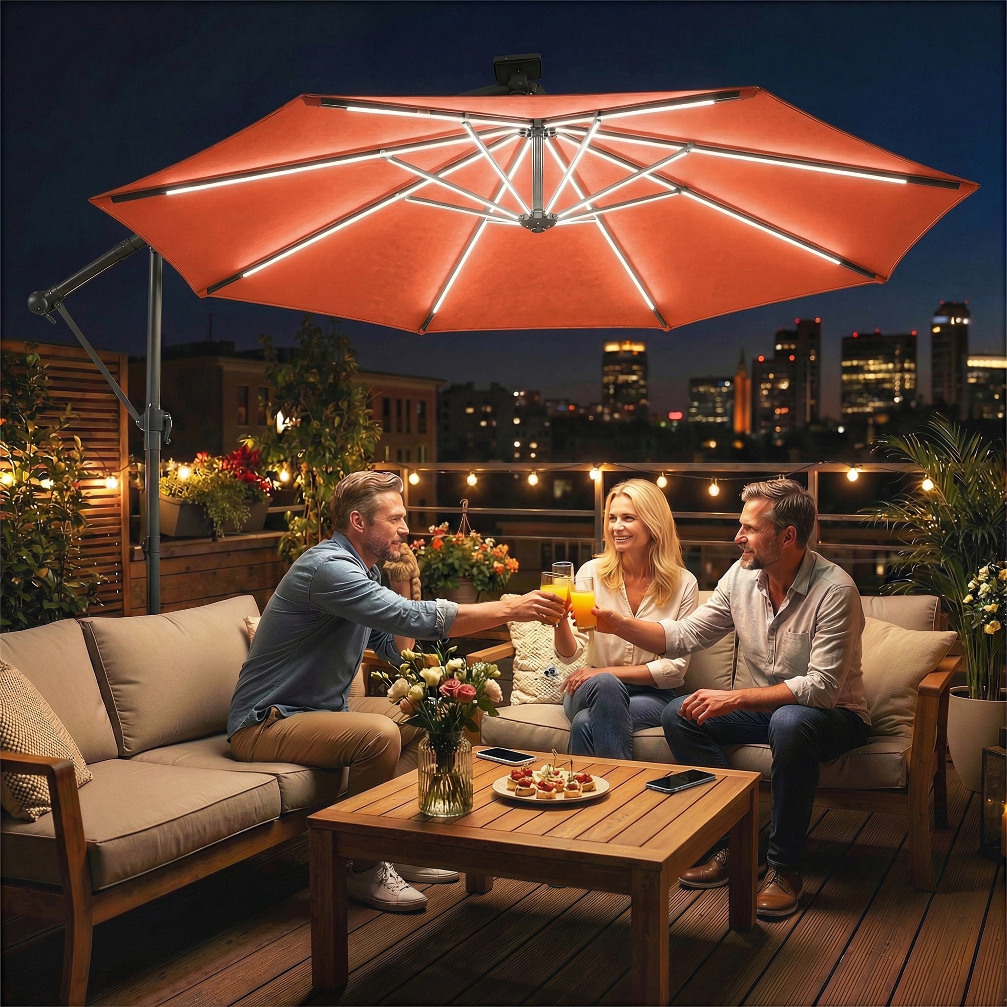 Outsunny 3 m Garden Cantilever Parasol with LED Solar Light, Round Overhanging Umbrella with 360Â° Rotation, Cover, Orange