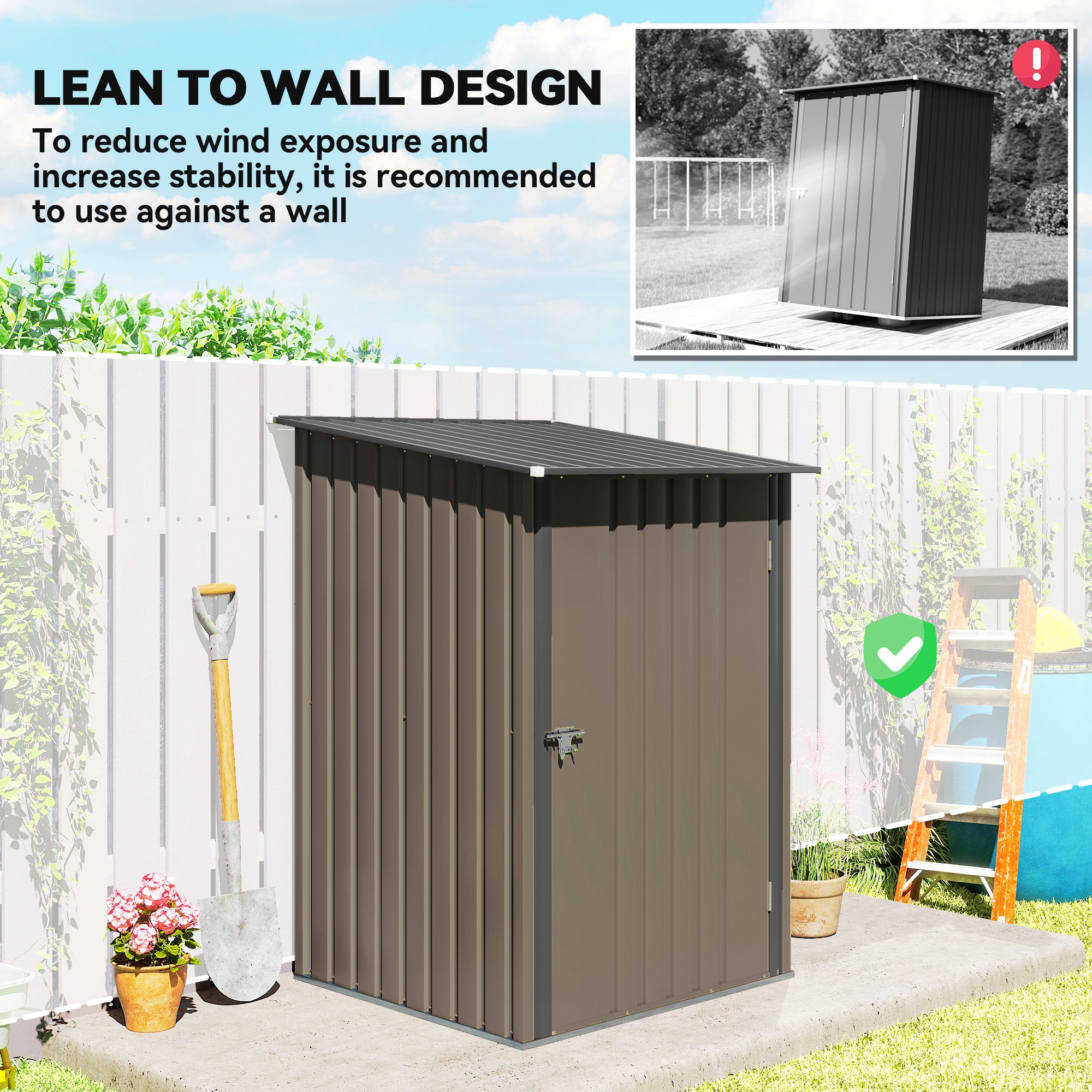 Outsunny 3.3 x 3.4ft Lean To Steel Garden Shed, with Locking Door - Brown/Grey
