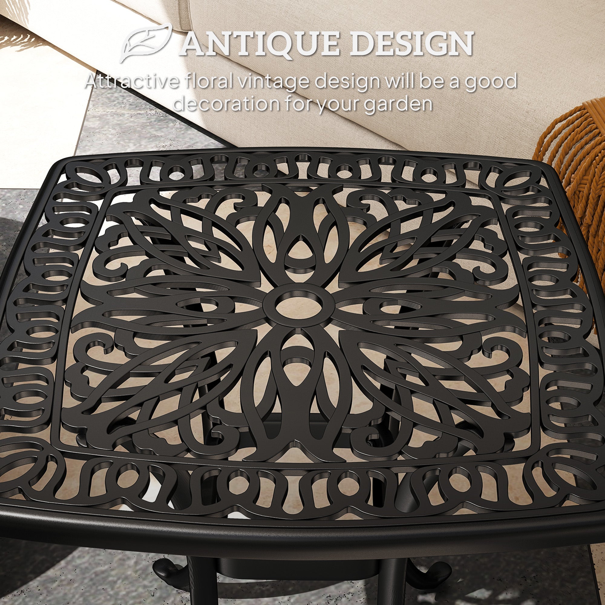 Outsunny Outdoor Garden Table with 38mm Dia. Umbrella Hole, Cast Aluminium Patio End Table with Anti-slip Foot Pads for Garden, Patio, Balcony, 54 x 52.5cm, Black