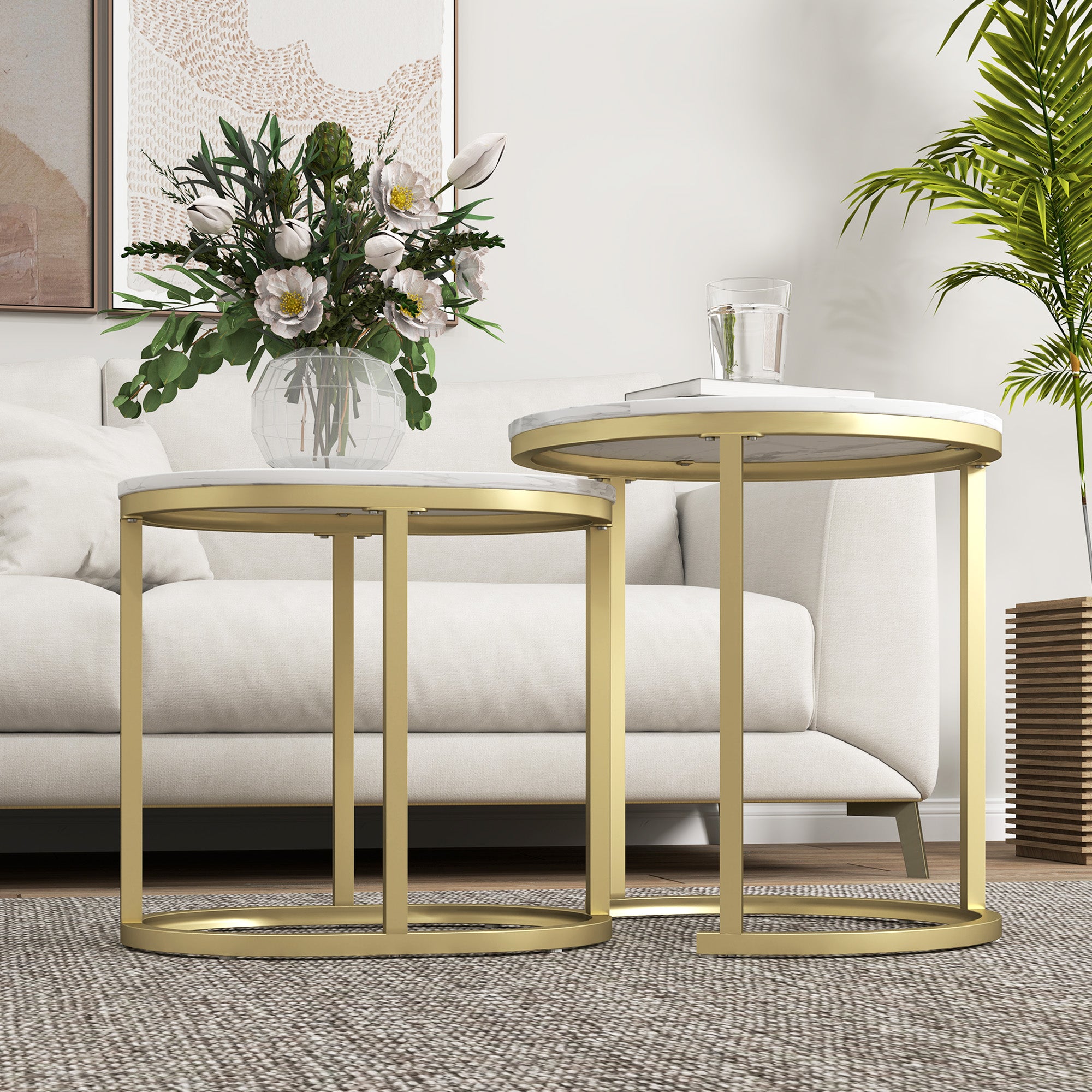 HOMCOM Marble-Effect Nest of Tables - Gold Tone/White