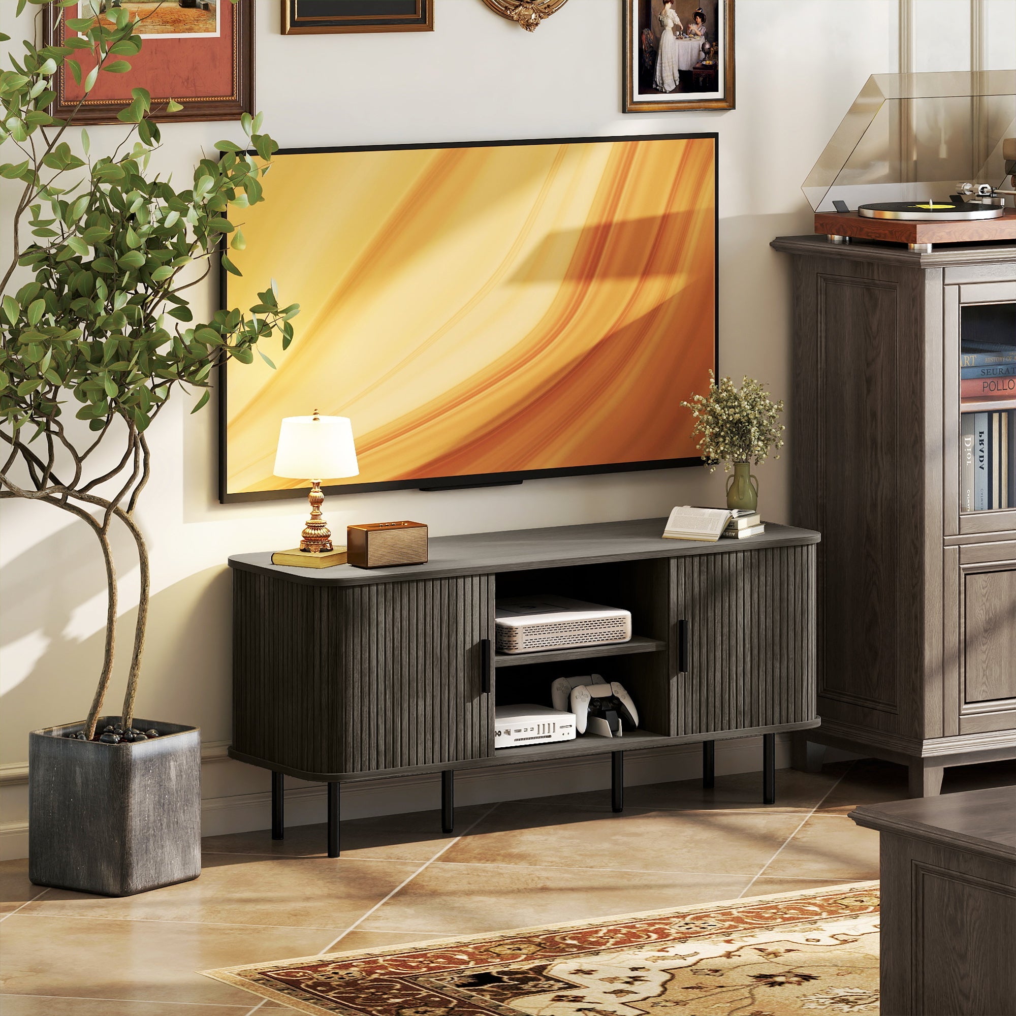 HOMCOM TV Stand Cabinet for TVs up to 55 Inches, TV Unit with Storage Shelves and Cupboard for Living Room, Grey