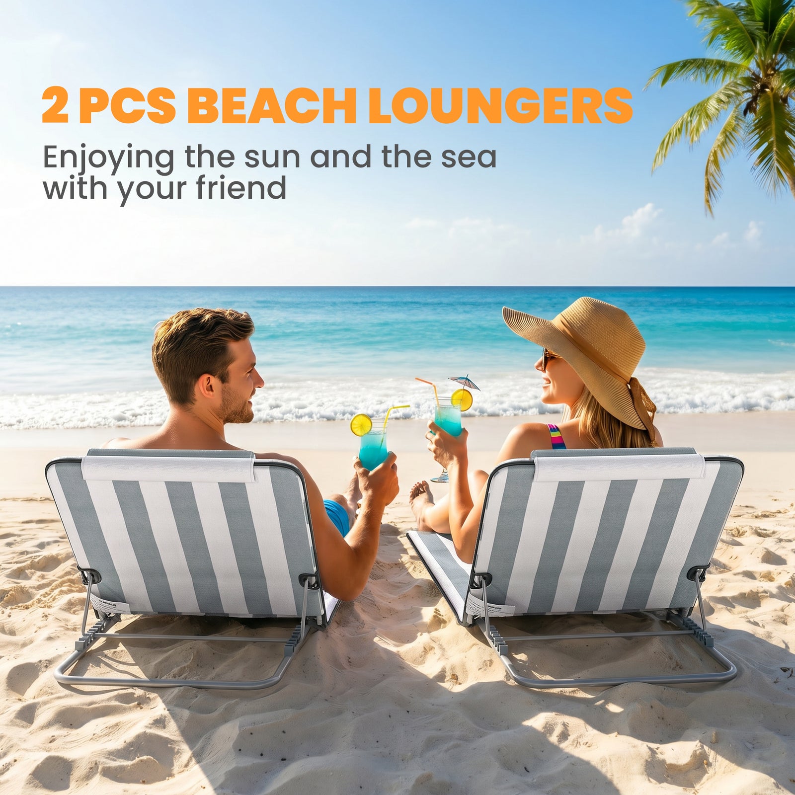 Outsunny Set of 2 Foldable Garden Beach Chair Mat Lightweight Outdoor Sun Lounger Seats Adjustable Back Metal Frame PE Fabric Head Pillow w/ Carry Bag, Light Grey