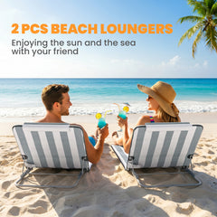 Outsunny Set of 2 Foldable Garden Beach Chair Mat Lightweight Outdoor Sun Lounger Seats Adjustable Back Metal Frame PE Fabric Head Pillow w/ Carry Bag, Light Grey