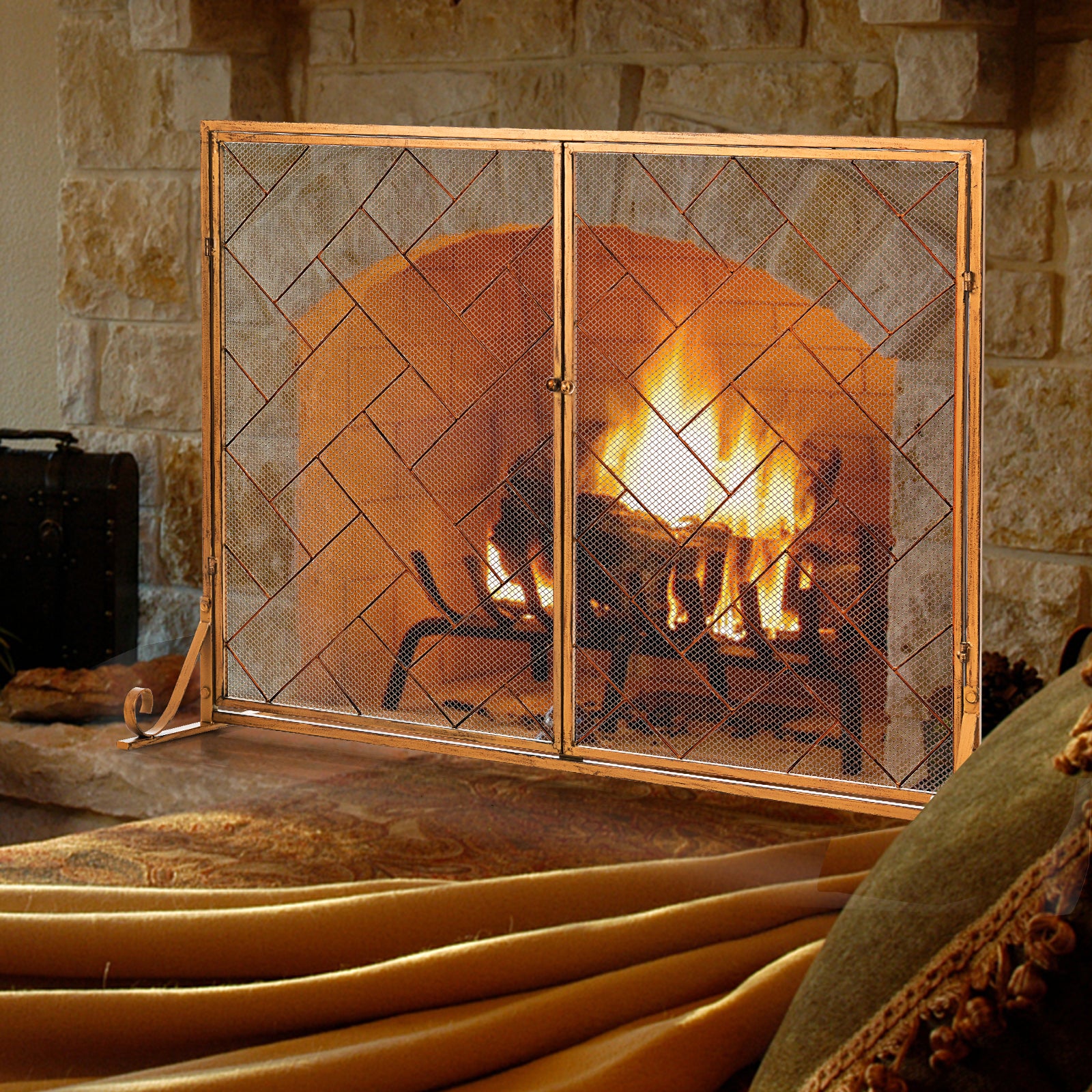 2-Panel Mesh Fireplace Screen with Double Magnetic Doors-Golden