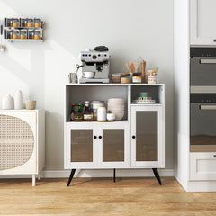 Industrial Wooden Kitchen Storage Cabinet with Tempered Glass Doors-White