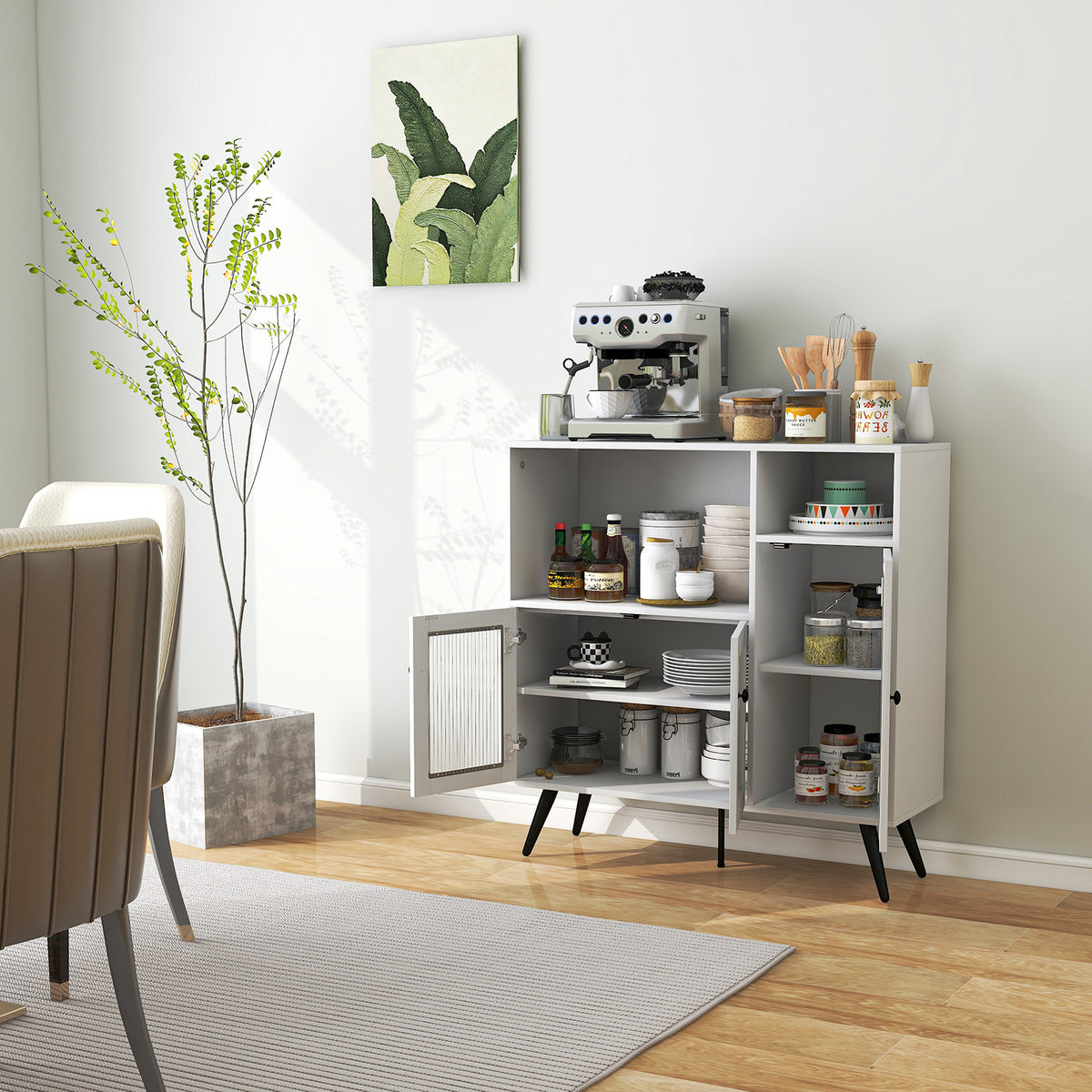 Industrial Wooden Kitchen Storage Cabinet with Tempered Glass Doors-White