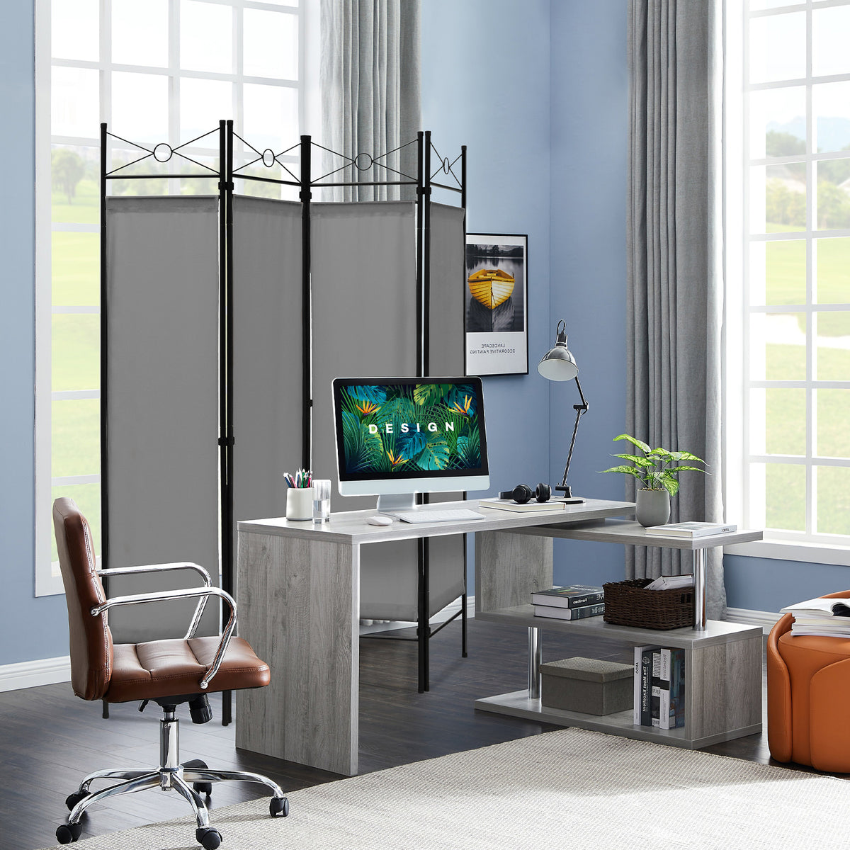 6 Feet 4-Panel Light Weight Room Divider with Polyester Cloth-Grey