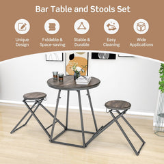 3-Piece Round Table and Stool Set with 2 Foldable Stools-Grey