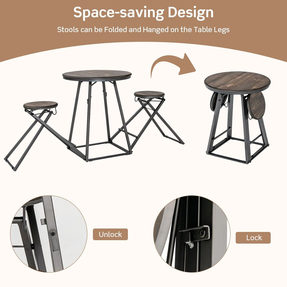 3-Piece Round Table and Stool Set with 2 Foldable Stools-Grey