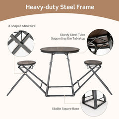 3-Piece Round Table and Stool Set with 2 Foldable Stools-Grey