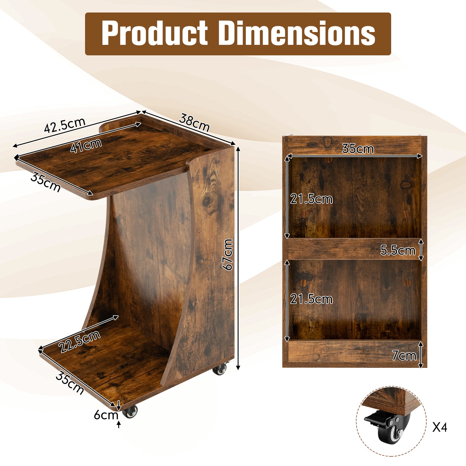 C-Shaped Side Table with Storage Shelf for Bedroom and Living Room-Natural