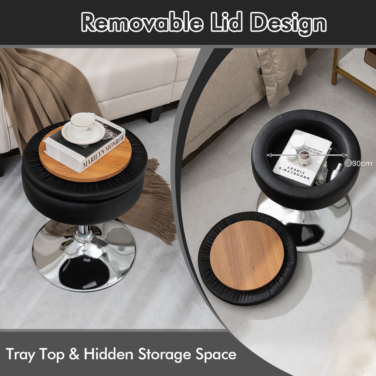360¬∞ Swivel Vanity Stool with Removable Tray Lid-Black