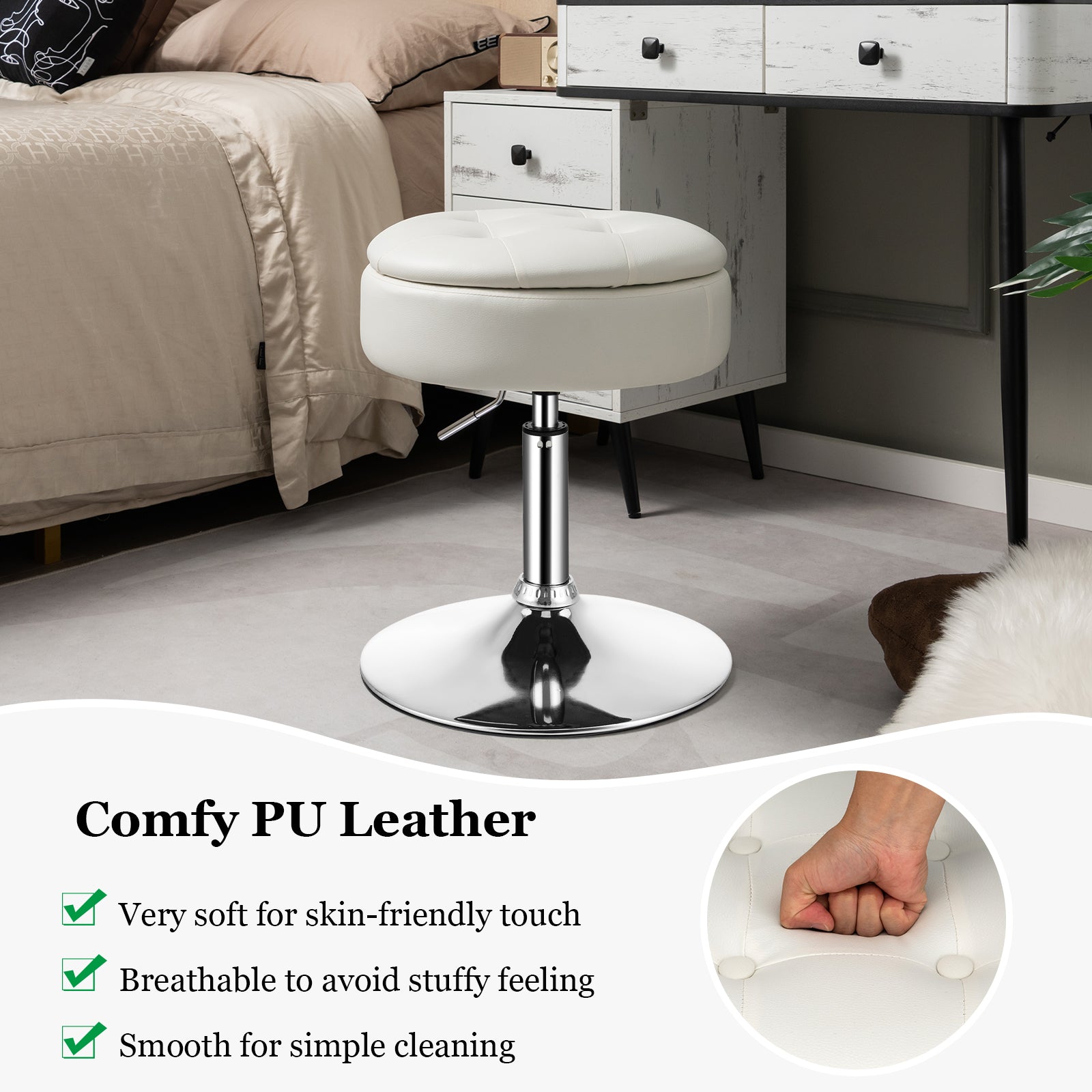 360¬∞ Swivel Vanity Stool with Removable Tray Lid-White