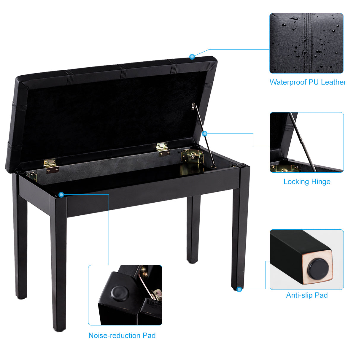 Wooden Duet Piano Bench with Padded Cushion and Music Storage-Black