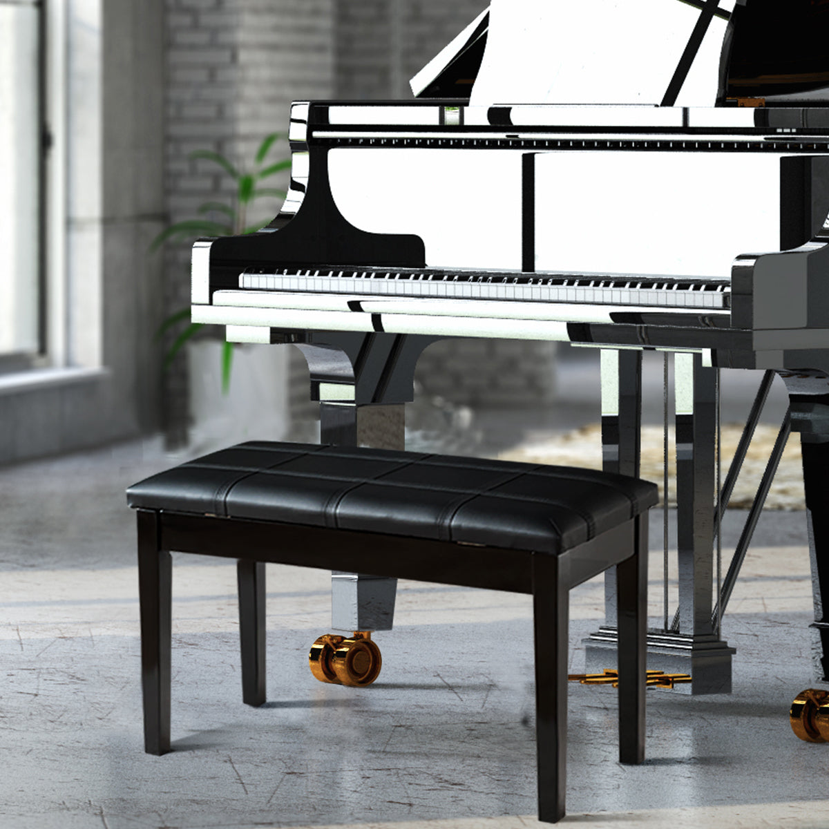 Wooden Duet Piano Bench with Padded Cushion and Music Storage-Black