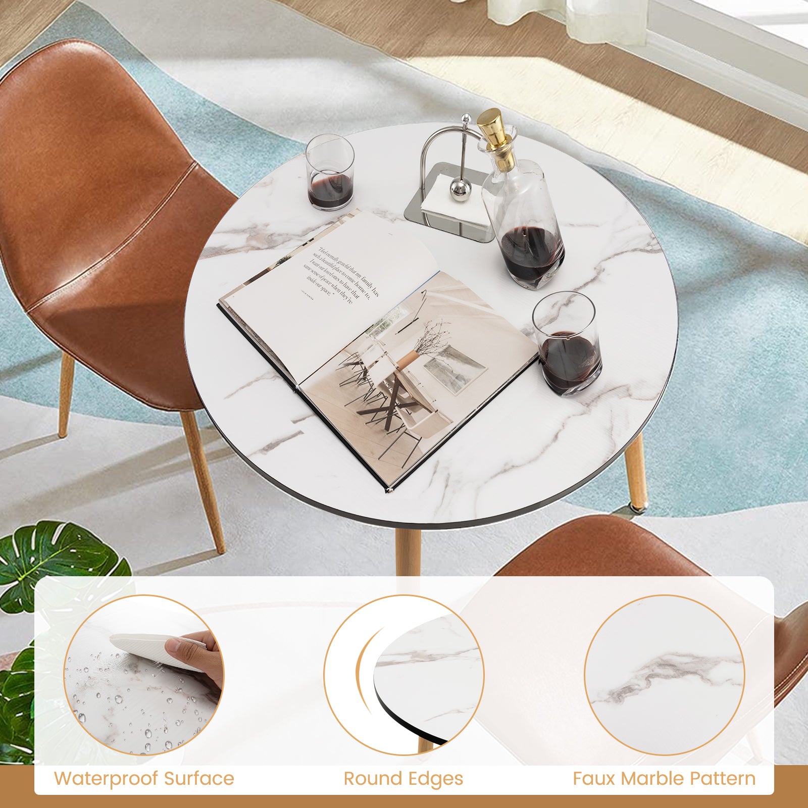 Modern Round Side Table with Faux Marble Pattern Tabletop and Anti-rust Steel Legs-White