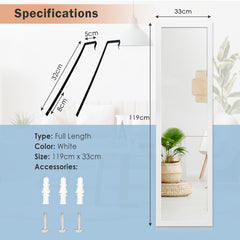 Full Length Over the Door Mirror with Hanging Hooks for Bedroom-White