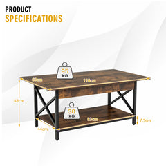 2-Tier Industrial Coffee Table for Living Room Bedroom Office-Rustic Brown