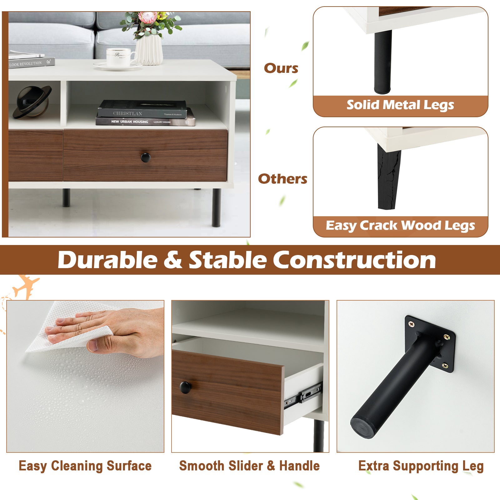 Rectangle Sofa Tea Table with Sturdy Metal Legs for Home Office-White