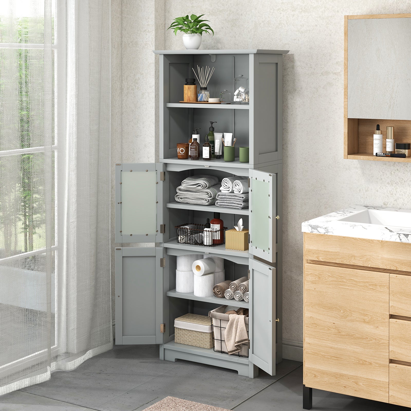 Freestanding Storage Cabinet with Tempered Glass Door and Open Shelves-Grey