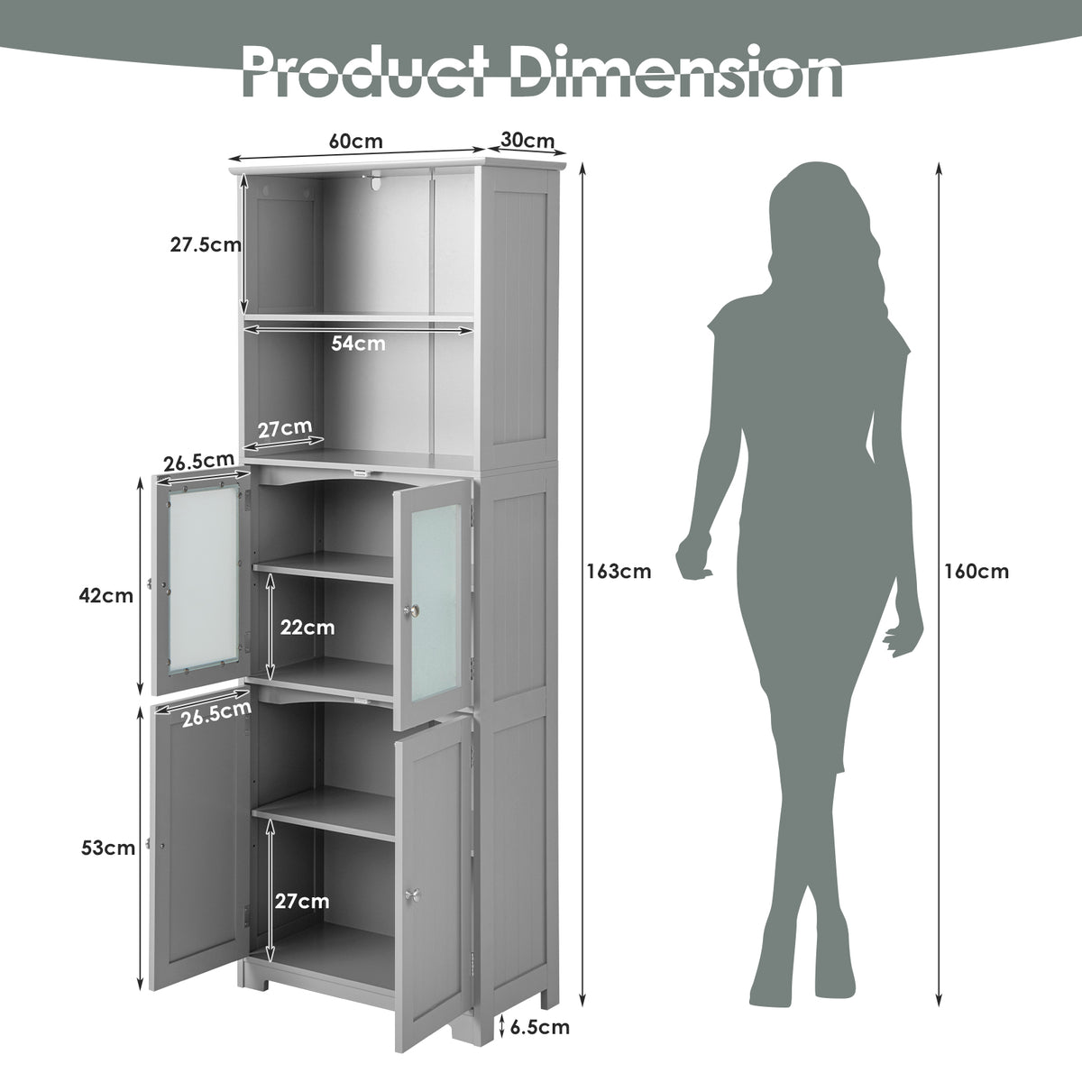 Freestanding Storage Cabinet with Tempered Glass Door and Open Shelves-Grey