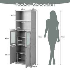 Freestanding Storage Cabinet with Tempered Glass Door and Open Shelves-Grey