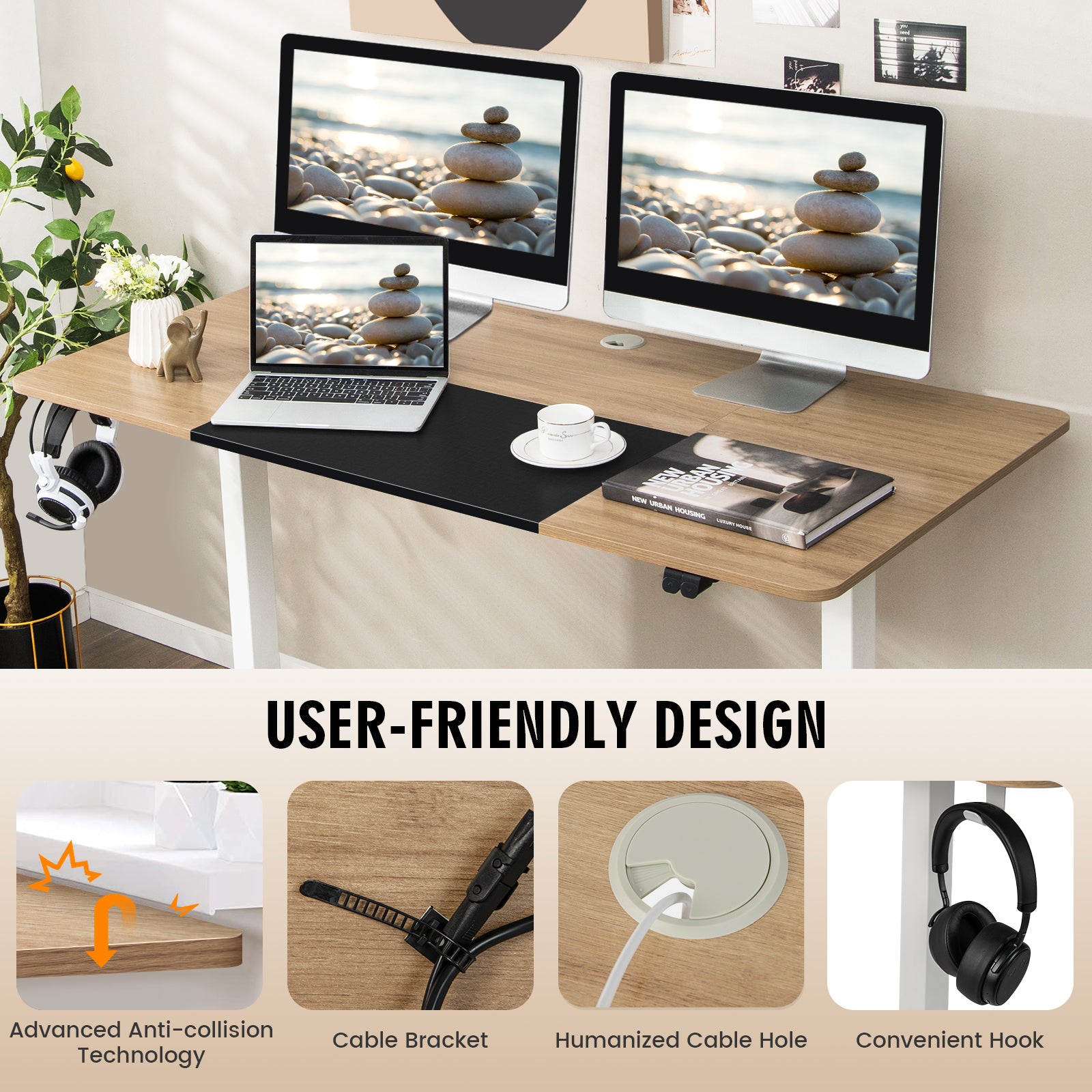 Height Adjustable Home Office Computer Desk with Headphone Hook-Natural