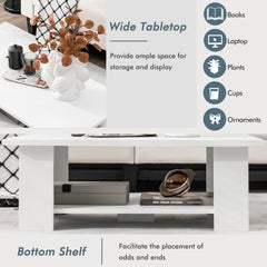 2-Tier Wooden Coffee Table with Storage Shelf and 5 Support Legs-White