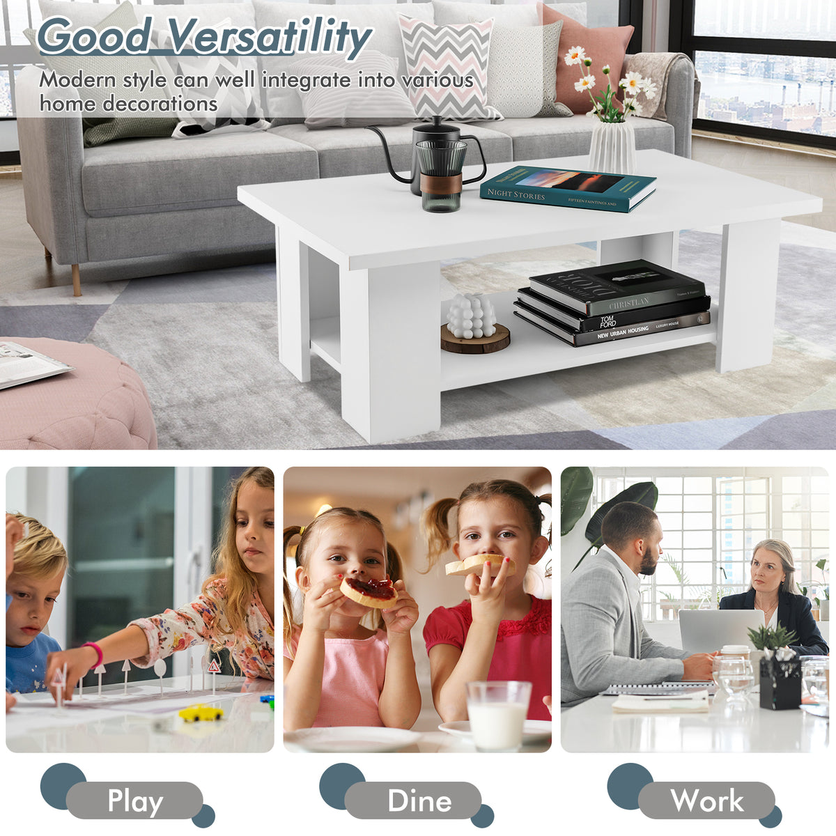 2-Tier Wooden Coffee Table with Storage Shelf and 5 Support Legs-White