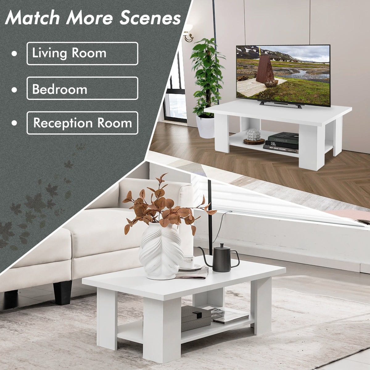 2-Tier Wooden Coffee Table with Storage Shelf and 5 Support Legs-White