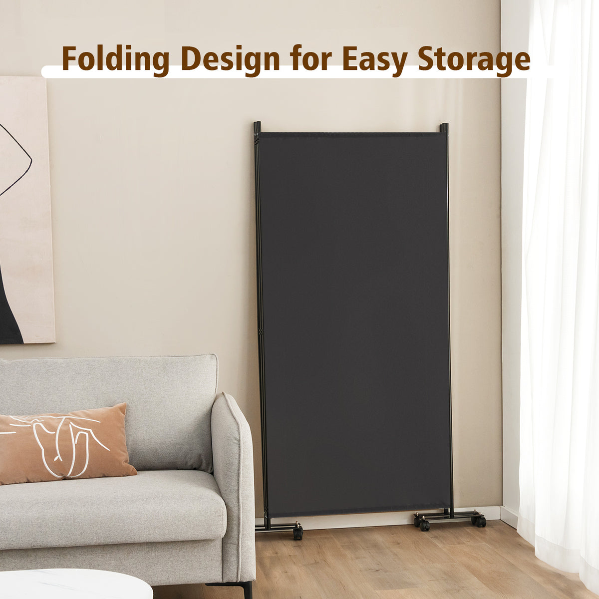 3-Panel Folding Room Divider with Wheels for Living Room Bedroom-Grey
