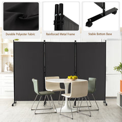 3-Panel Folding Room Divider with Wheels for Living Room Bedroom-Grey